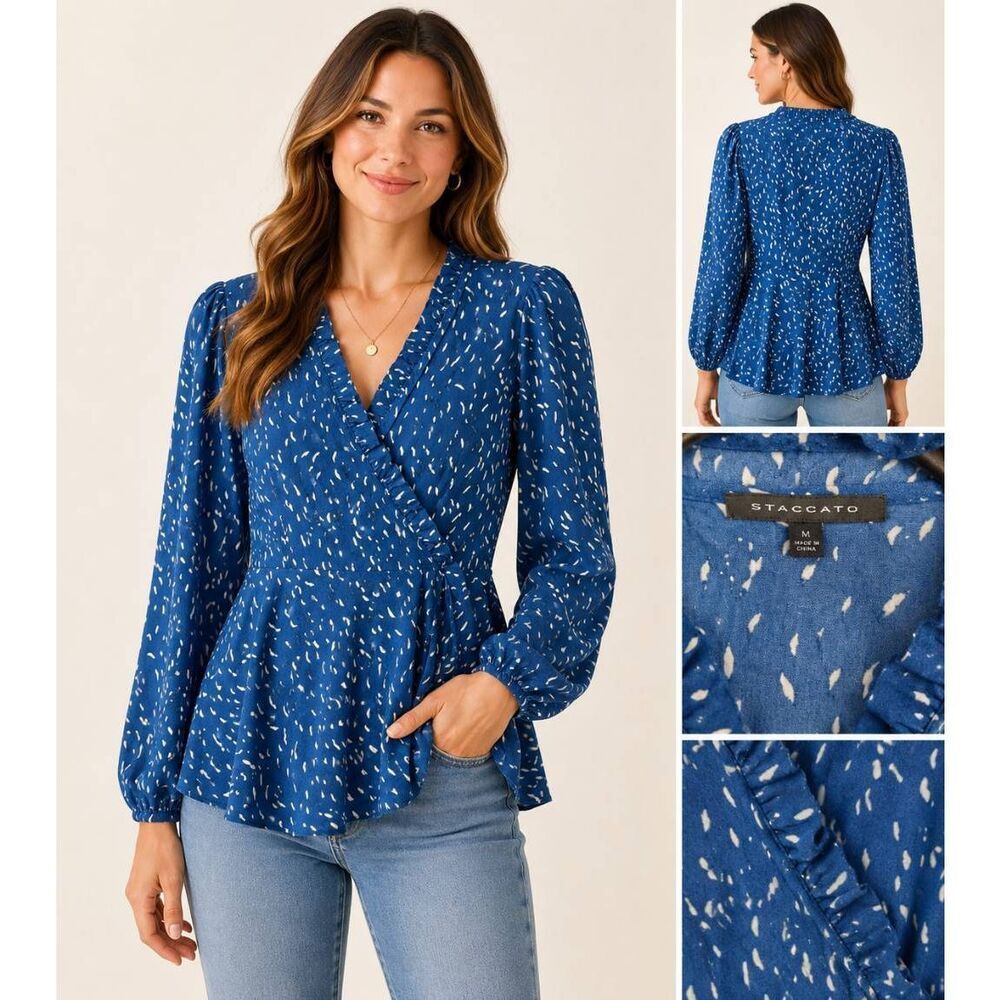 Staccato Blue Wrap Blouse Ruffle Peplum S